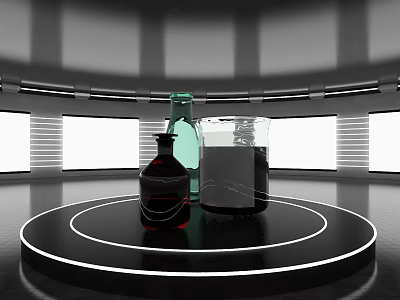 Modern Display Shelf With Circular Platform Three Bottles And Lit Wall Background 3d model