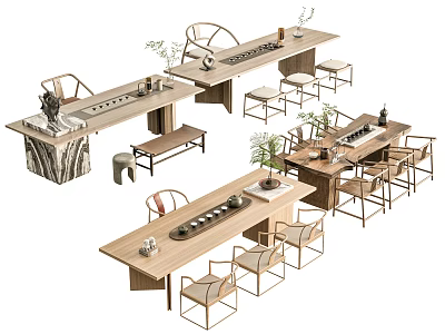 Natural Wooden Tea Table And Chairs With Potted Plants And Tea Sets 3d model