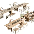 Natural Wooden Tea Table And Chairs With Potted Plants And Tea Sets