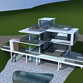 Modern Detached Villa With Large Glass Walls Swimming Pool Stone Patio And Green Lawn