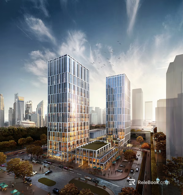 Modern Commercial Complex With High Rise Glass Curtain Walls And Urban Greenery In City Backdrop 3d model 