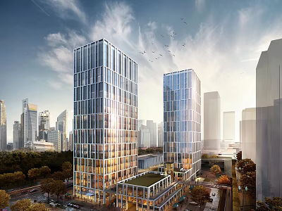 Modern Commercial Complex With High Rise Glass Curtain Walls And Urban Greenery In City Backdrop 3d model