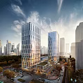 Modern Commercial Complex With High Rise Glass Curtain Walls And Urban Greenery In City Backdrop