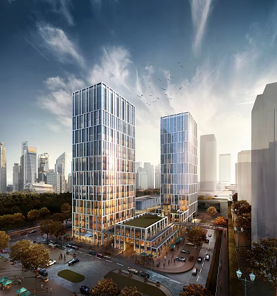 Modern Commercial Complex With High Rise Glass Curtain Walls And Urban Greenery In City Backdrop 3d model