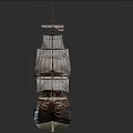 Vintage Wooden Sailing Ship With Multiple White Sails And Carved Hull Details