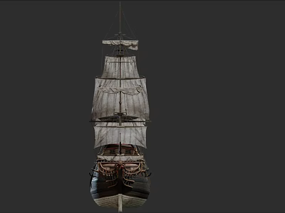 Vintage Wooden Sailing Ship With Multiple White Sails And Carved Hull Details 3d model