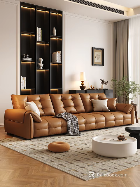 Modern Living Room Brown Leather Sofa Coffee Table Set With Pillows Throw Blanket And Plants 3d model 