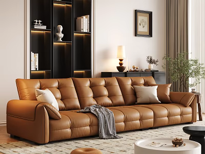 Modern Living Room Brown Leather Sofa Coffee Table Set With Pillows Throw Blanket And Plants 3d model