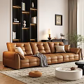 Modern Living Room Brown Leather Sofa Coffee Table Set With Pillows Throw Blanket And Plants