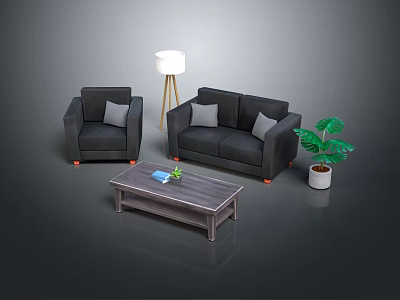 Grey Sofa And Coffee Table Set With Wooden Top Pillows Floor Lamp And Green Plant 3d model