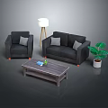 Grey Sofa And Coffee Table Set With Wooden Top Pillows Floor Lamp And Green Plant