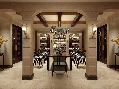 Elegant Wine Cellar With Arch Design Wine Racks Dining Table Chairs 3d model