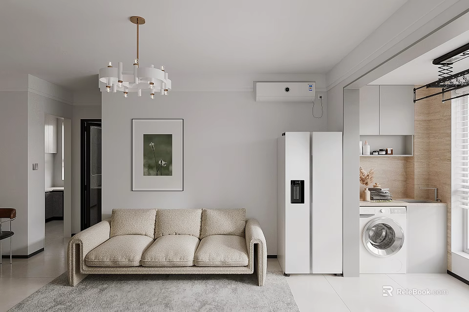 Modern Living Dining Room Interior with Beige Sofa White Refrigerator Chandelier Framed Artwork and Rug 3d model 