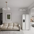 Modern Living Dining Room Interior with Beige Sofa White Refrigerator Chandelier Framed Artwork and Rug