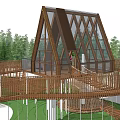 Wooden Children's Playground With Spiral Slides Cabin Green Lawn And Trees