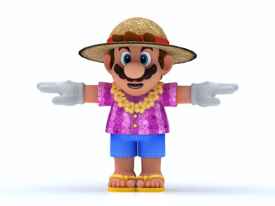 Cartoon Character In Straw Hat Purple Patterned Shirt Blue Shorts Yellow Sandals With Open Arms 3d model