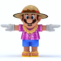 Cartoon Character In Straw Hat Purple Patterned Shirt Blue Shorts Yellow Sandals With Open Arms