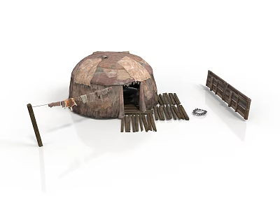 Primitive Tribal Camp Setup With Dome Shaped Tent Wooden Fence Logs And Clay Pot 3d model