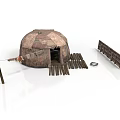 Primitive Tribal Camp Setup With Dome Shaped Tent Wooden Fence Logs And Clay Pot