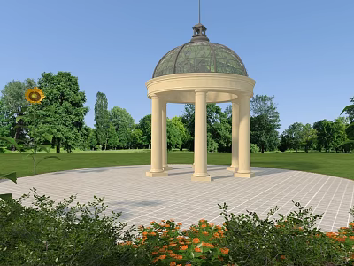 Classic Park Gazebo with Dome Columns and Sunflower Surrounded by Grass Trees and Bushes 3d model