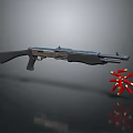 Modern Tactical Shotgun Weapon With Red Bullets On Gray Background 3d model