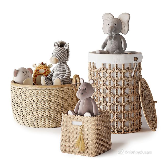 Cute Plush Animal Stuffed Toys in Woven Storage Baskets with Lid and Various Sizes 3d model 