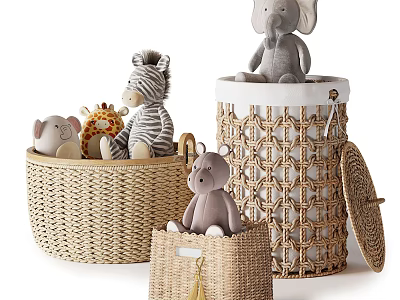 Cute Plush Animal Stuffed Toys in Woven Storage Baskets with Lid and Various Sizes 3d model
