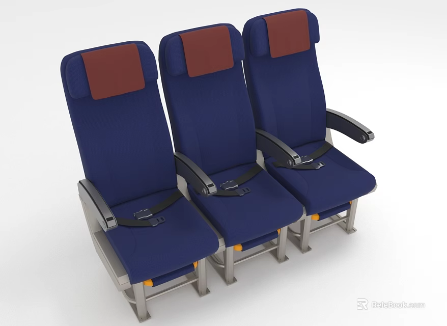 Three Blue Vehicle Seats With Red Headrests Black Armrests And Safety Belts 3d model 