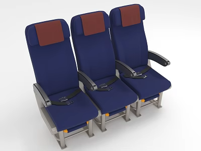 Three Blue Vehicle Seats With Red Headrests Black Armrests And Safety Belts 3d model