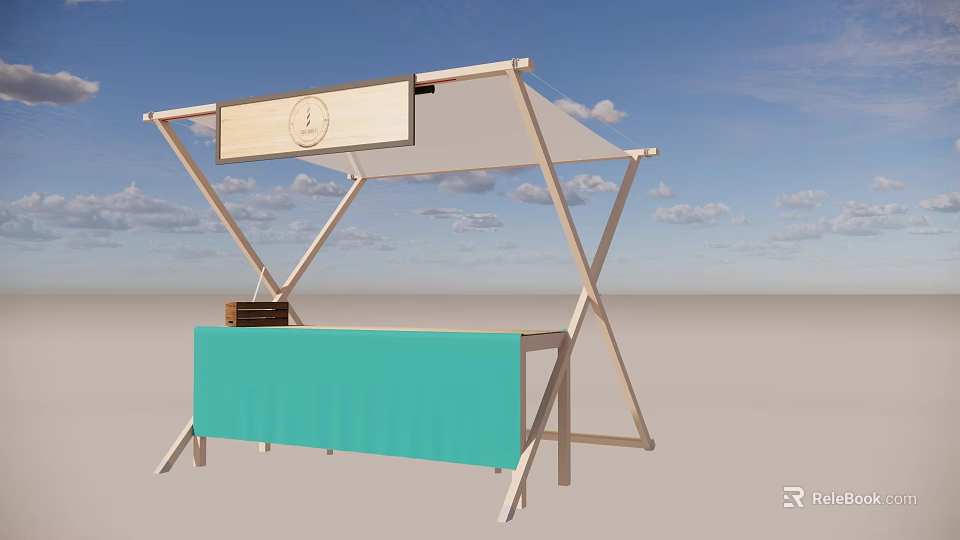 Outdoor Wooden Market Stall With Turquoise Counter Canopy And Round Sign 3d model 