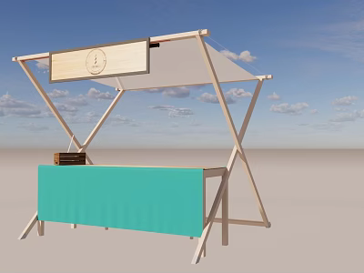 Outdoor Wooden Market Stall With Turquoise Counter Canopy And Round Sign 3d model