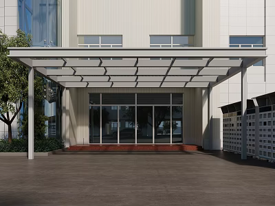 Modern Building Front Entrance Canopy With Glass Door White Facade And Trees 3d model