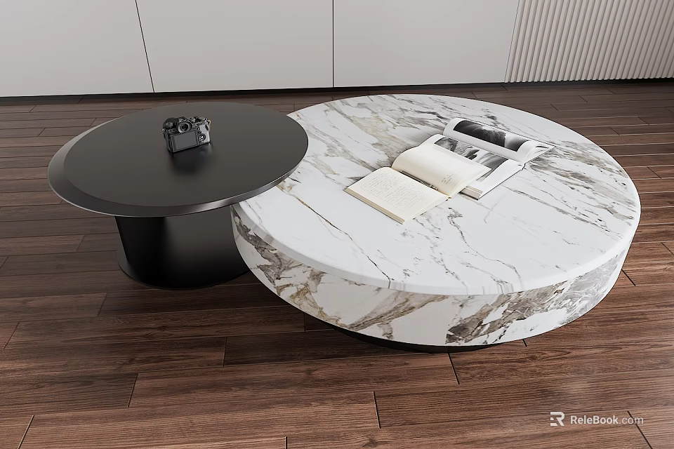 Modern Round Coffee Tables Marble And Black Surfaces With Magazines And Camera On Wooden Floor 3d model 