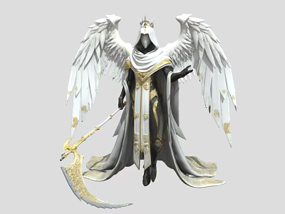 Mythical Angelic Figure In Ornate Black White Robe With Crown Scythe And White Wings 3d model