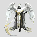 Mythical Angelic Figure In Ornate Black White Robe With Crown Scythe And White Wings