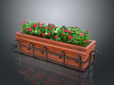Wooden Planter With Metal Accents Featuring Green Plants And Red Flowers 3d model