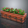Wooden Planter With Metal Accents Featuring Green Plants And Red Flowers