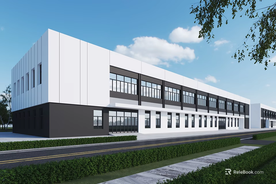 Modern Industrial Factory Building Exterior With Large Windows Green Belt Road And Blue Sky 3d model 