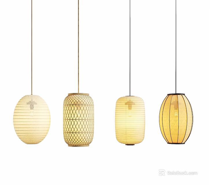 Stylish Pendant Lights With Four Unique Designs And Woven Paper Materials 3d model 