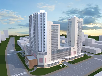 Modern High-rise Residential Complex With Commercial Area And Green Space 3d model