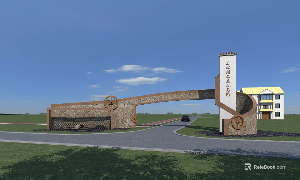 Scenic Entrance Gate With Stone Arch Pillars And Wheel Decorations For Industrial Park 3d model 