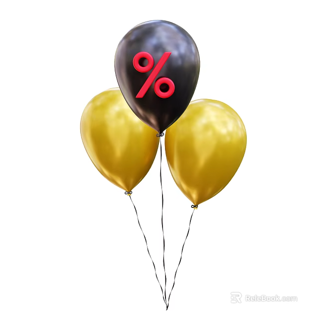 Black Balloon With Red Percentage Sign And Two Golden Balloons 3d model 