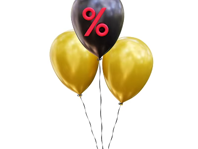 Black Balloon With Red Percentage Sign And Two Golden Balloons 3d model