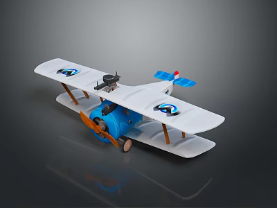 Vintage Blue And White Biplane Model With Logo On Wings And Wooden Propeller 3d model