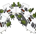 Circular Office Desk Setup With Multiple Workstations Green Chairs And Computer Monitors 3d model