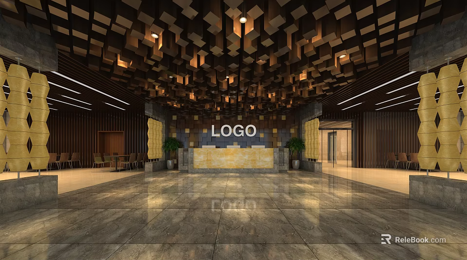 Modern Hotel Lobby Featuring Geometric Square Ceiling Design Reception Desk Marble Floor And Wooden Walls 3d model 