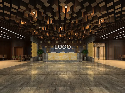 Modern Hotel Lobby Featuring Geometric Square Ceiling Design Reception Desk Marble Floor And Wooden Walls 3d model