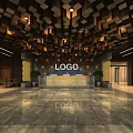 Modern Hotel Lobby Featuring Geometric Square Ceiling Design Reception Desk Marble Floor And Wooden Walls