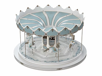 Blue And White Carousel Amusement Ride With Ornate Top Decor Horse Seats And Round Base 3d model