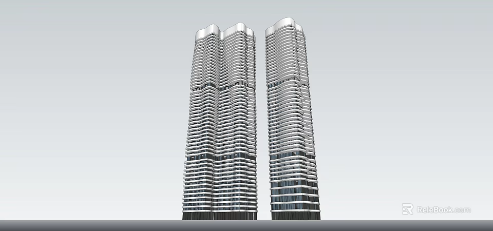 Twin Modern High Rise Buildings with Glass Facade and Layered Design 3d model 